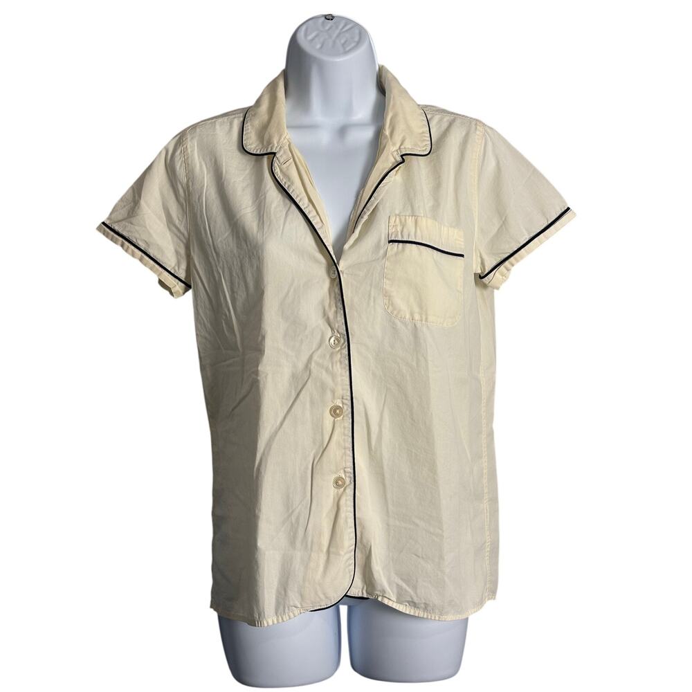J.Crew Pajama Top XS Ivory Cotton Short Sleeve Contrast Piping Sleep Shirt